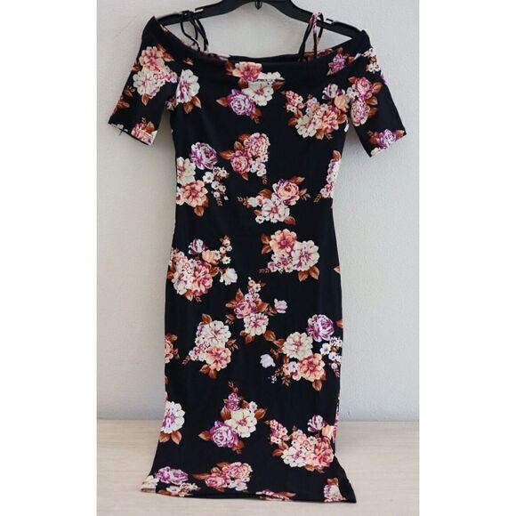 Haute Monde Women's Sz Small Black Floral Cold Shoulder Sheath Midi Dress - Picture 1 of 6